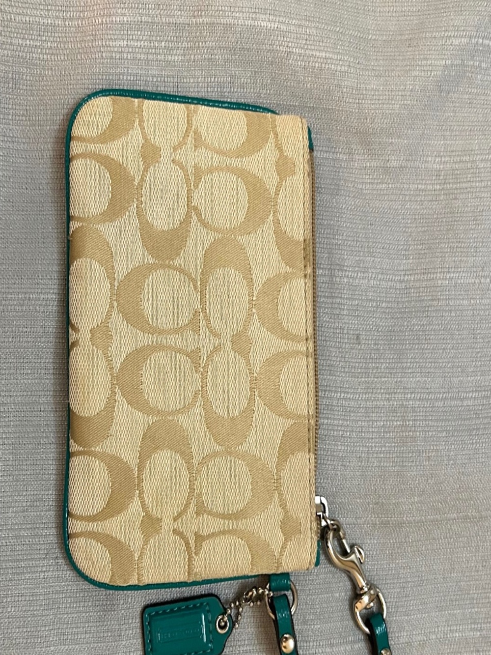 Coach Signature Stripe Wristlet (Style F49174) khaki/bright jade color combo - Picture 7 of 7